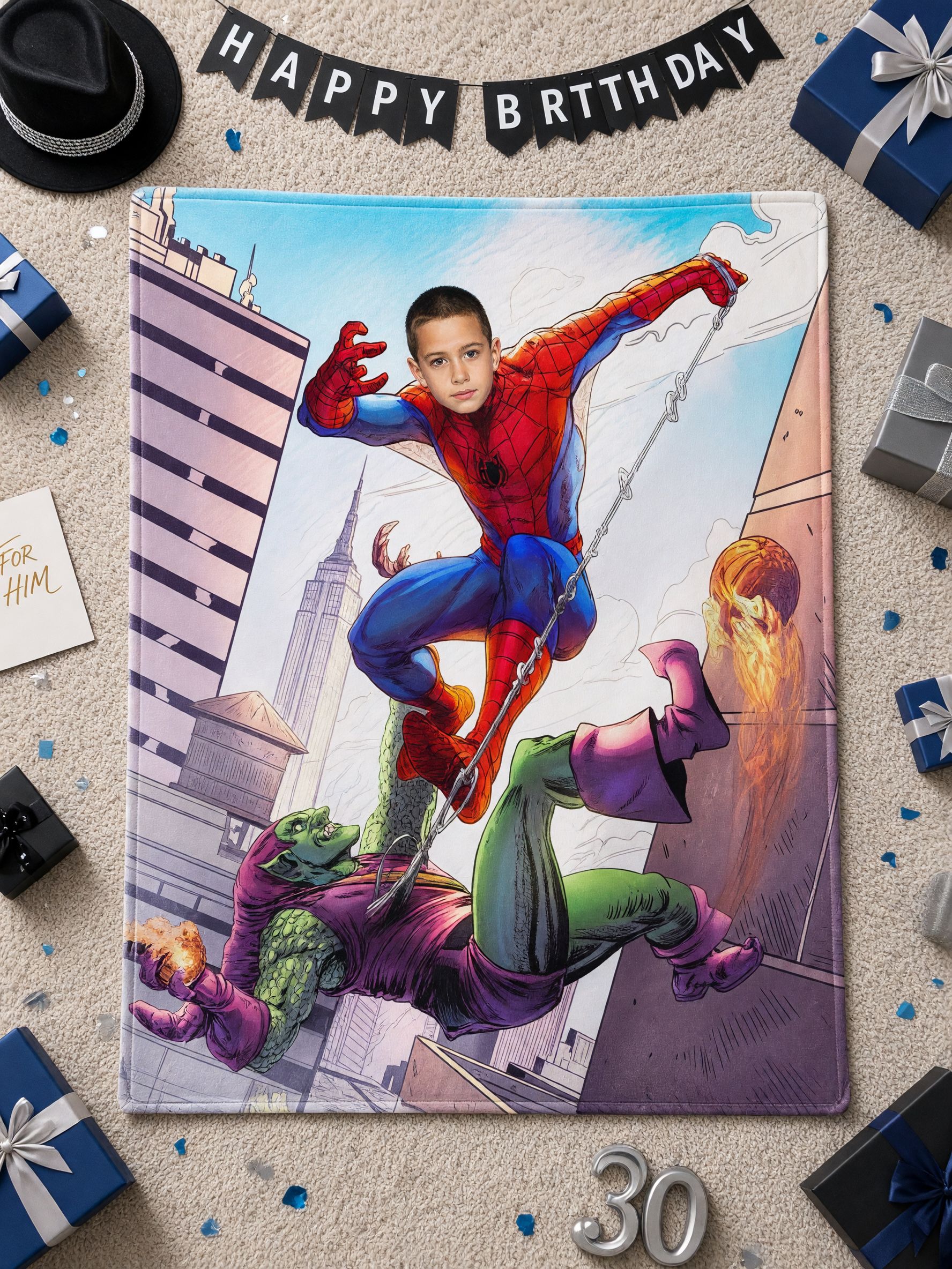 Custom Face Superhero Flannel Fleece Blanket, Personalized Comic Photo Bed Throw, Skin-Friendly Warm Keepsake Gift
