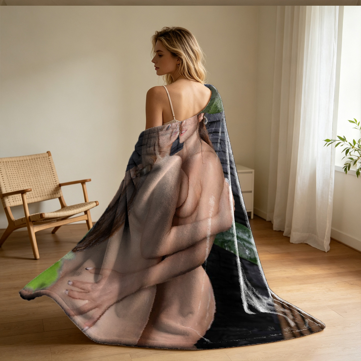 A woman in a low-cut pink top sits pensively at a kitchen table. - Blanket