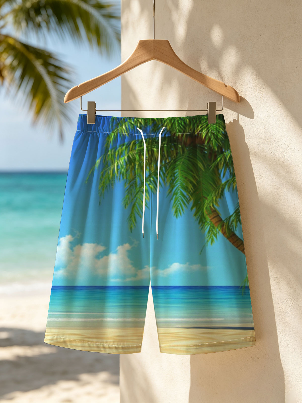 Tropical Beach with Palm Tree and Clear Blue Sky -  Beach shorts