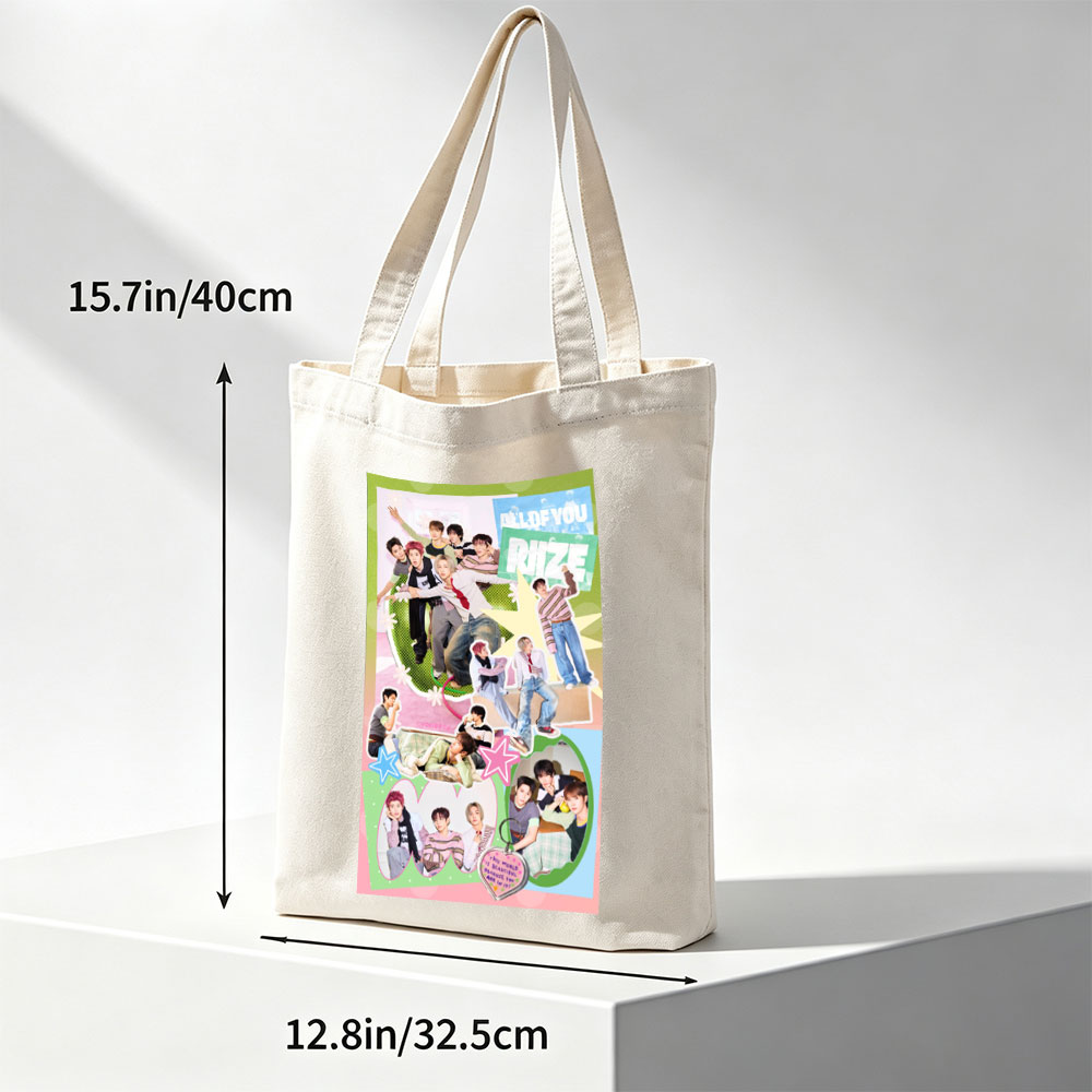 RIIZE Group in Vibrant Collage Pose with Colorful Background and Heart-Shaped Message - Canvas tote bags