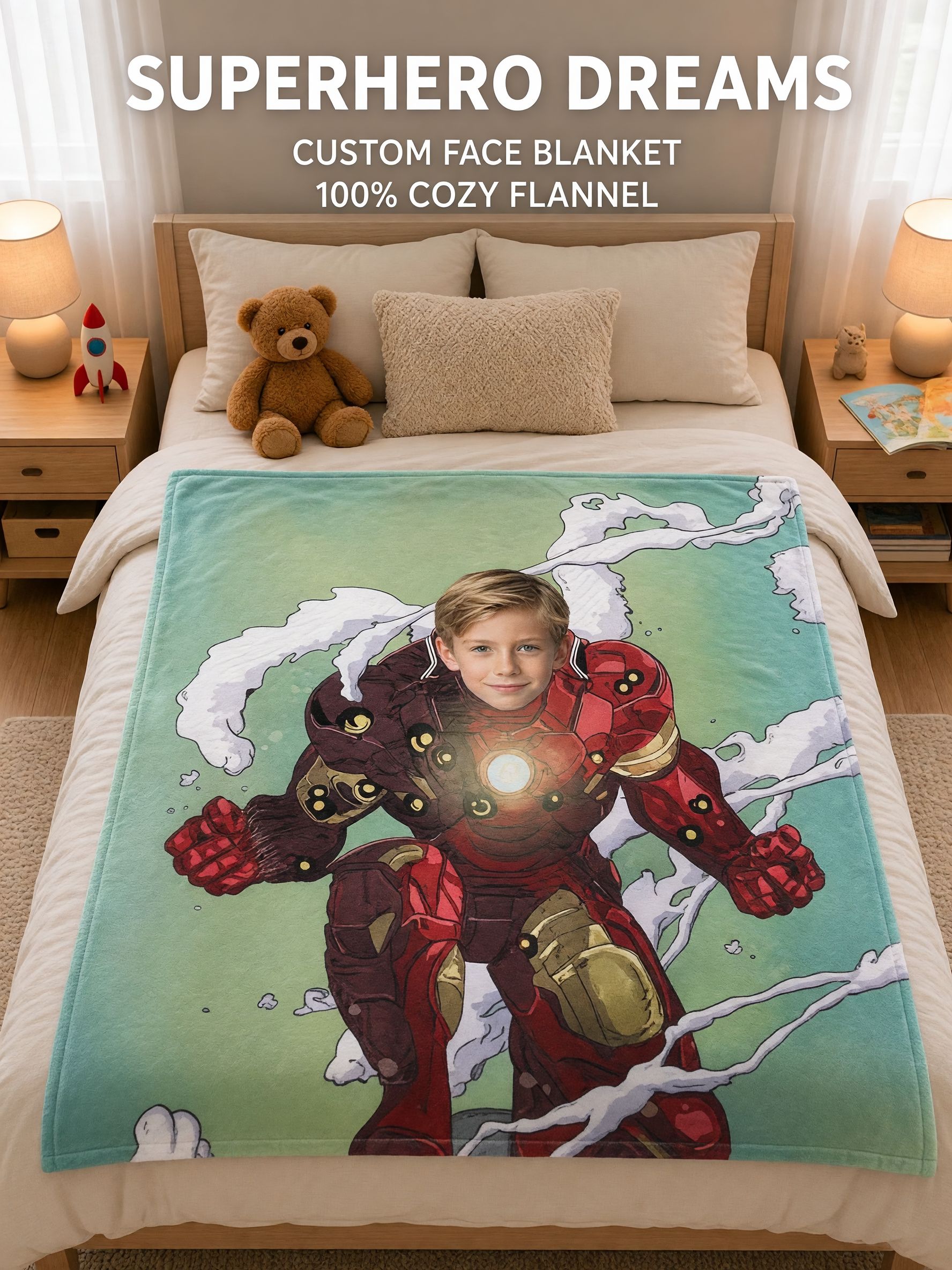 Personalized Photo Superhero Flannel Fleece Blanket Custom Face Soft Throw for Kids and Adults Unique Keepsake Gift
