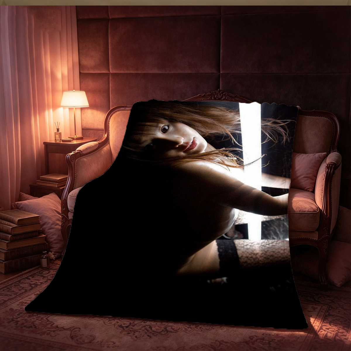 Nude Redhead on Blue Couch - Blanket