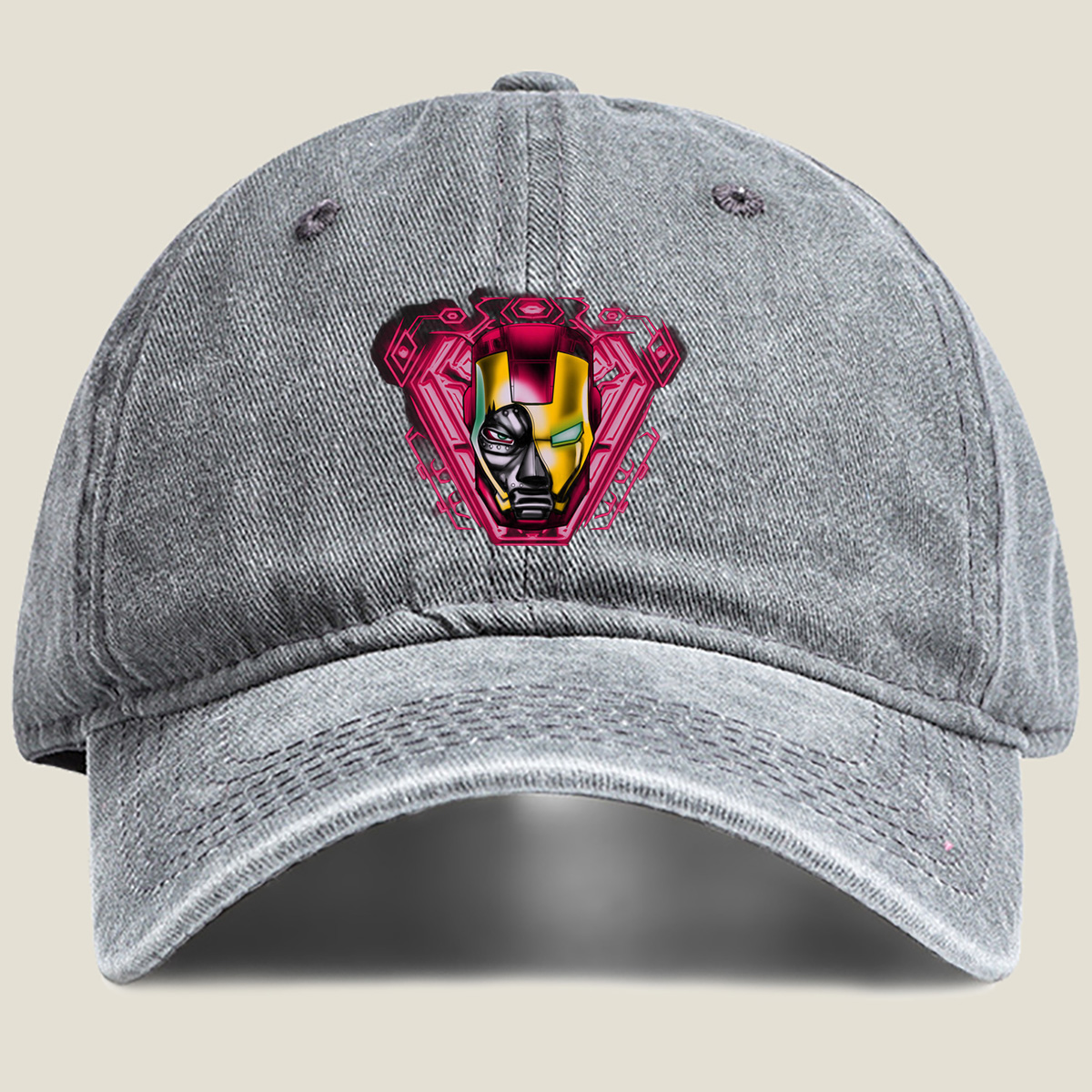 Iron Man and Black Panther Fusion Helmet Design - Washed Denim - Baseball Cap
