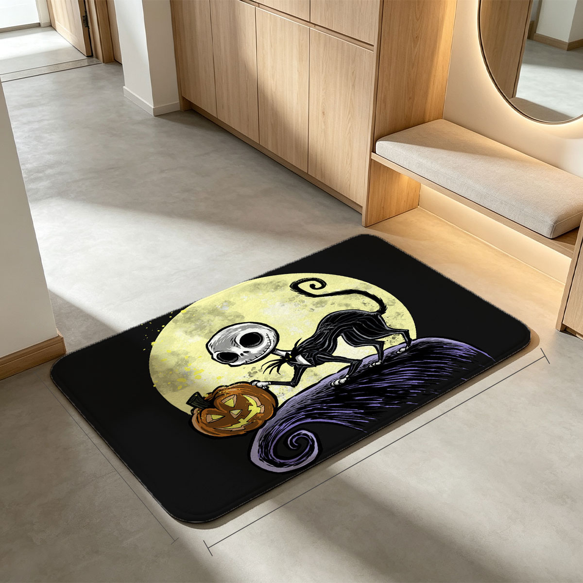 Jack Skellington from The Nightmare Before Christmas holding a pumpkin against a full moon - Flannel floor mat