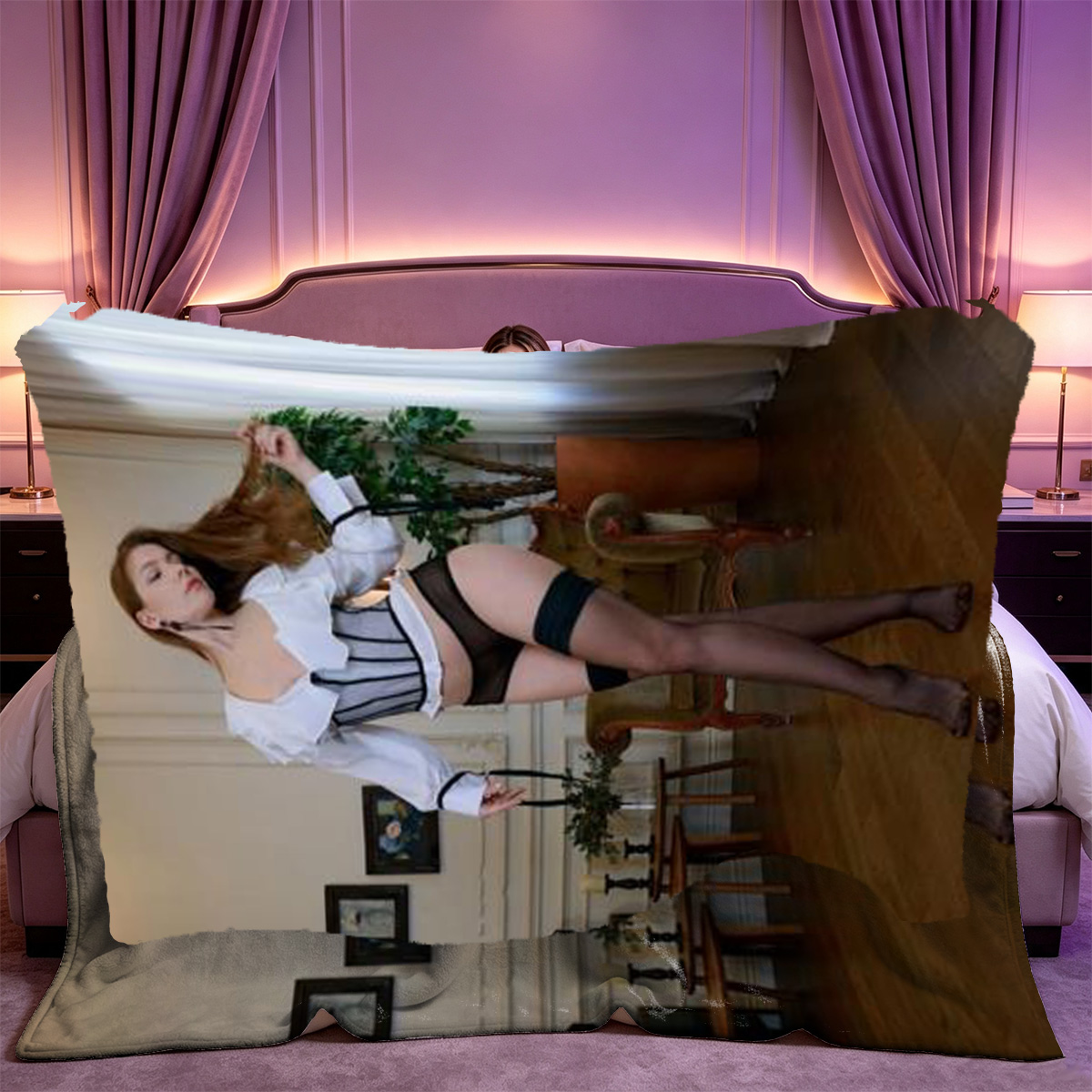 Emma Watson in pink purple lingerie on the couch - Blanket