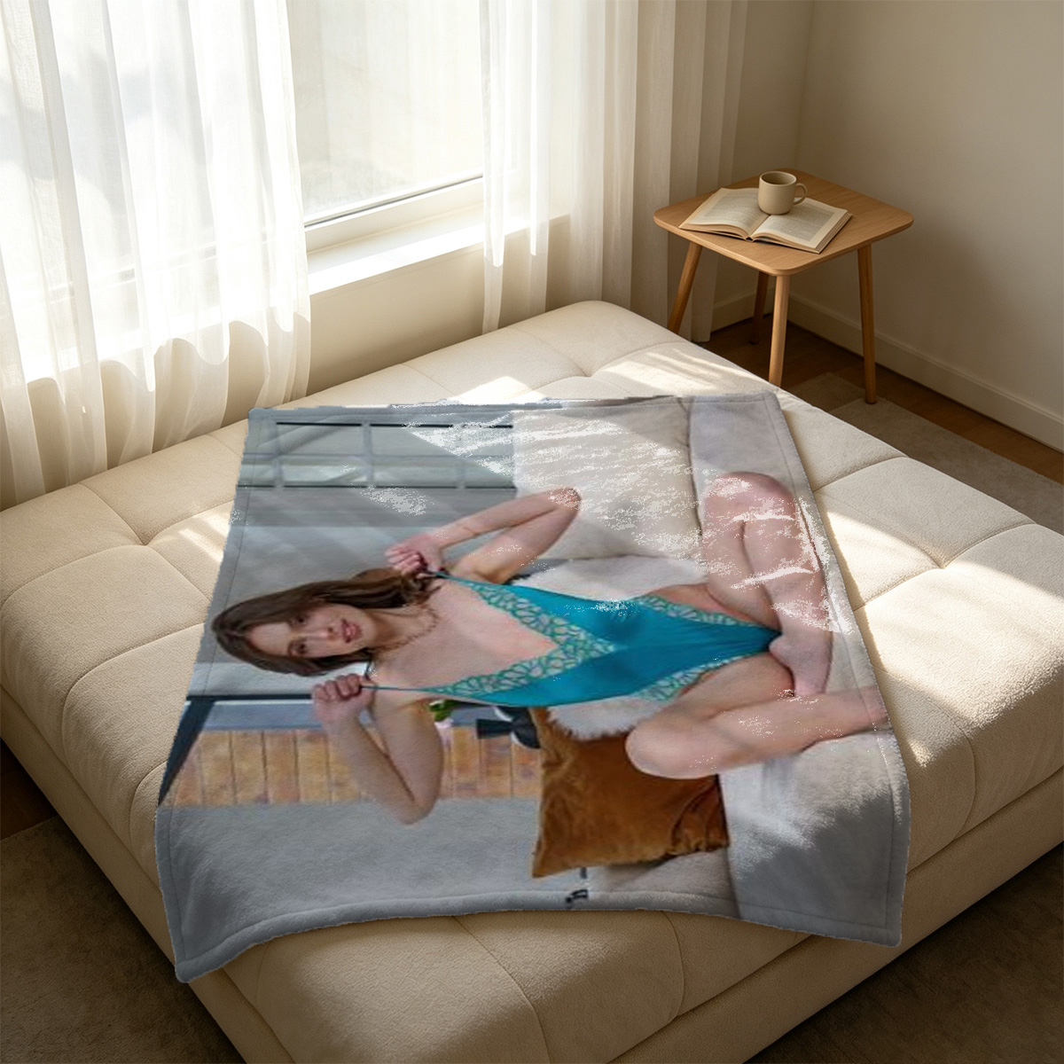 A woman in green lace lingerie posing on a bed by the window. - Blanket