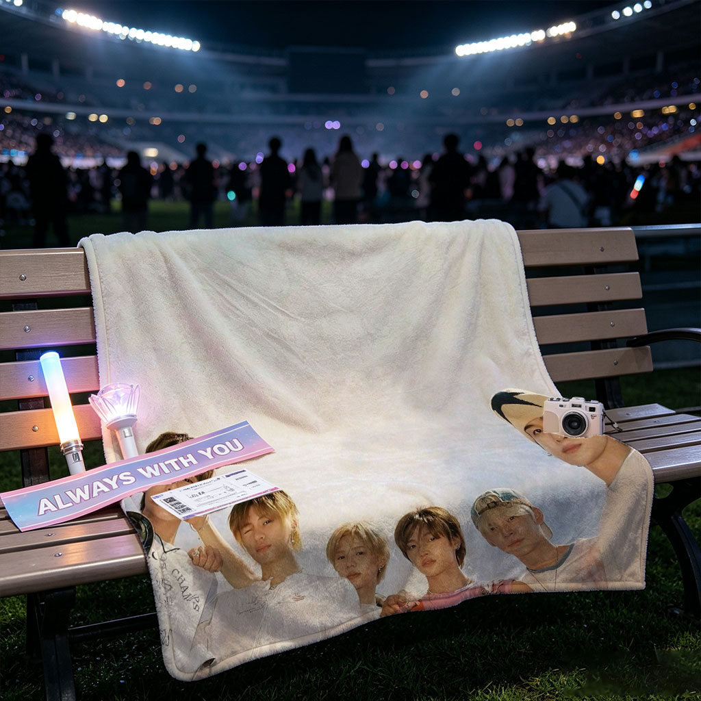TXT Members Standing Together Under a Bright Sky in Casual Outfits - Blankets