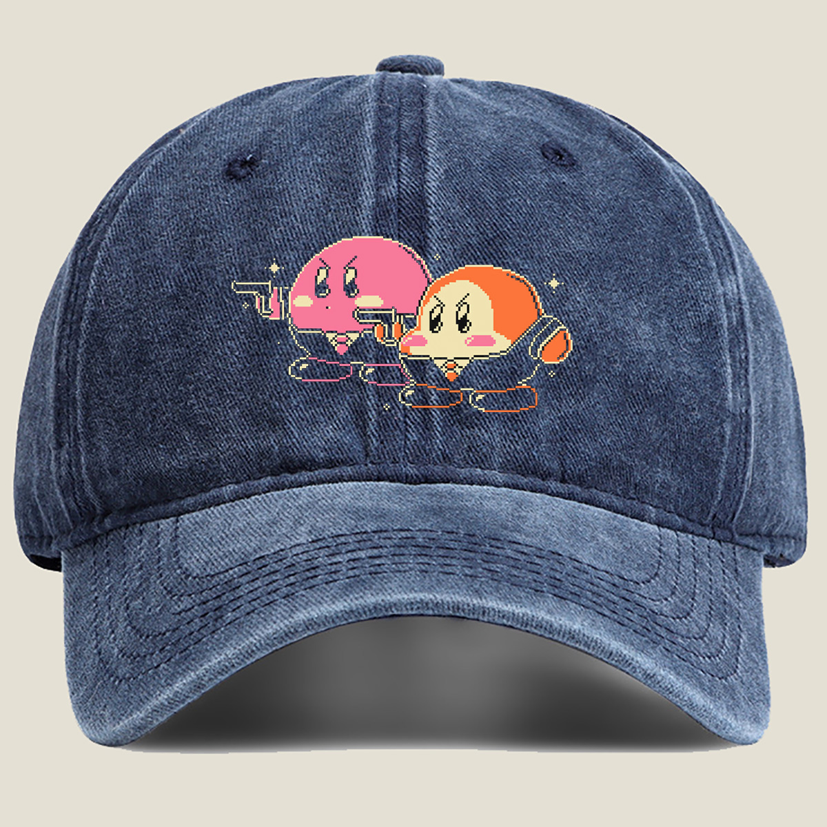 Kirby and Waddle Dee in Pixel Art Style - Washed Denim - Baseball Cap
