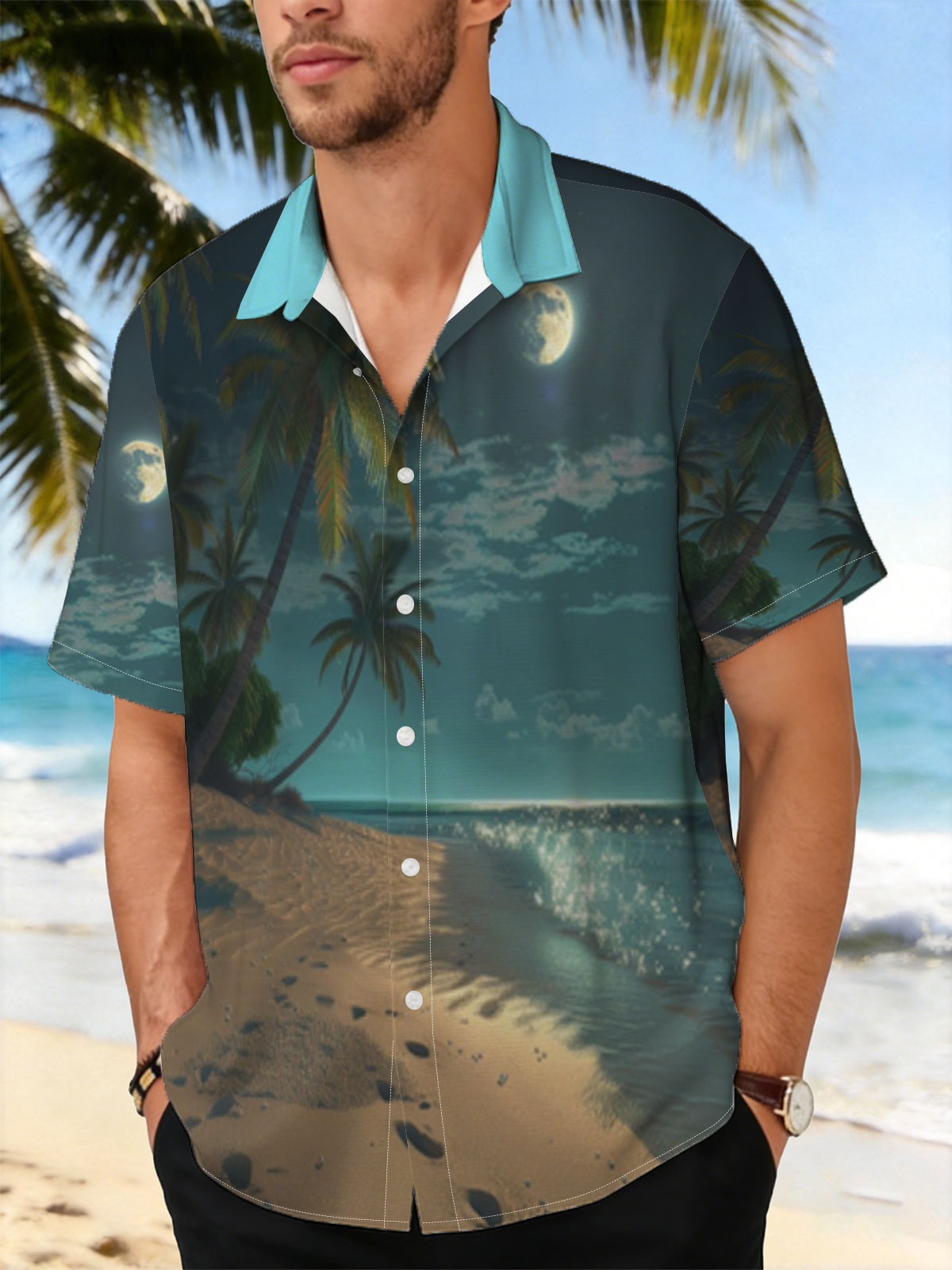 Moonlit Tropical Beach with Palm Trees and Shimmering Water -  Shirt