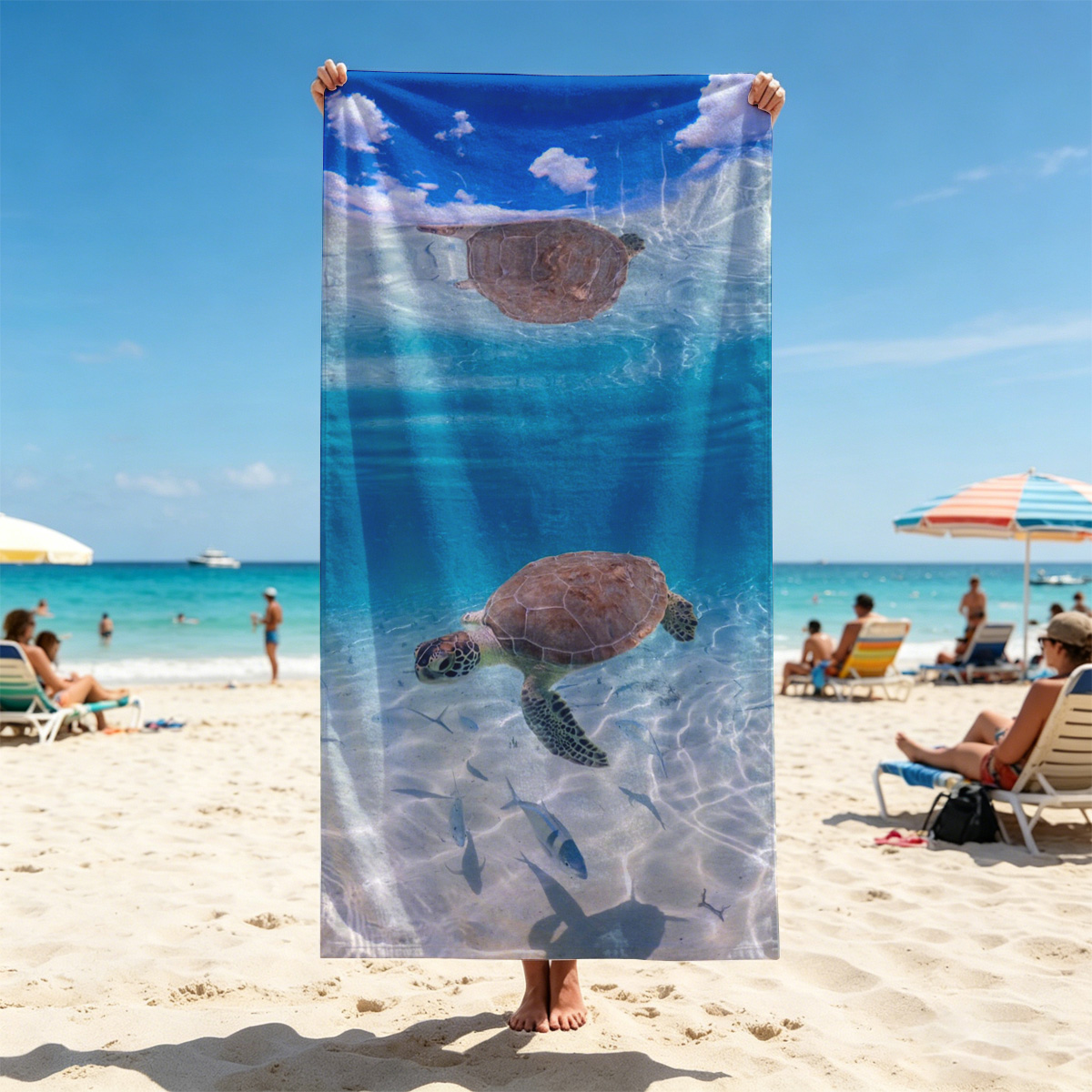 Sea turtle swims gracefully in clear blue water with fish below, sunlight filtering through the surface. - Beach towels