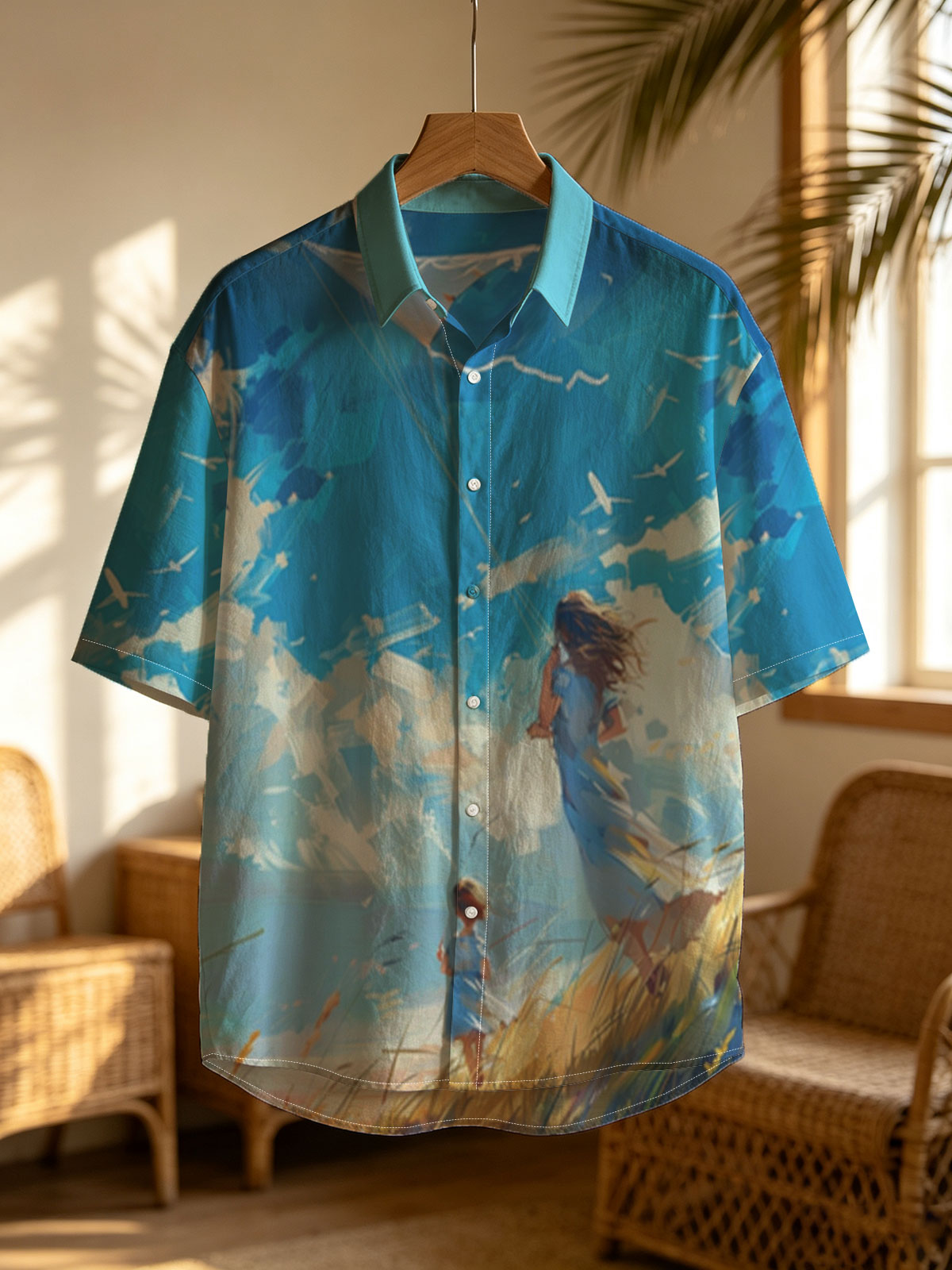 Mother and child flying a kite in a golden field under a vibrant blue sky. -  Shirt