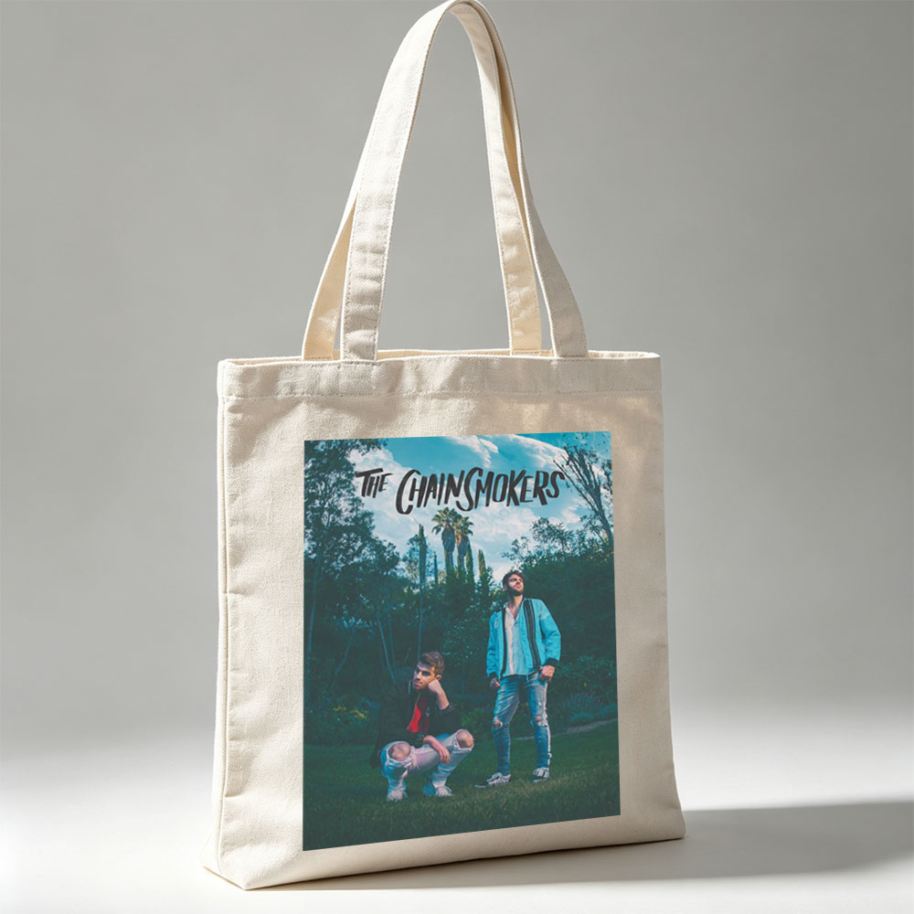 The Chainsmokers in a Lush Garden with Palm Trees and Vibrant Outfits - Canvas tote bags