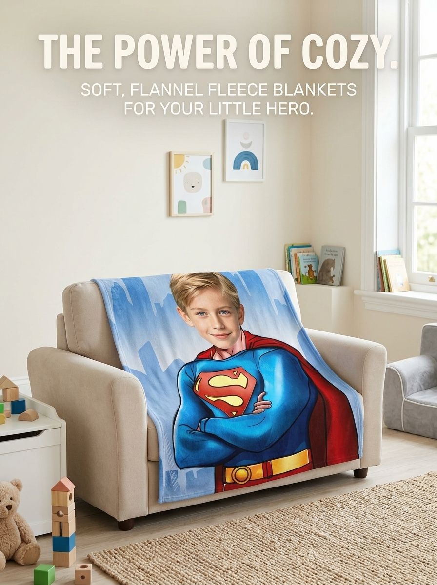 Custom Photo Superhero Flannel Fleece Blanket Personalized Face Portrait Throw for Kids Adults Cozy Home Decor Gift