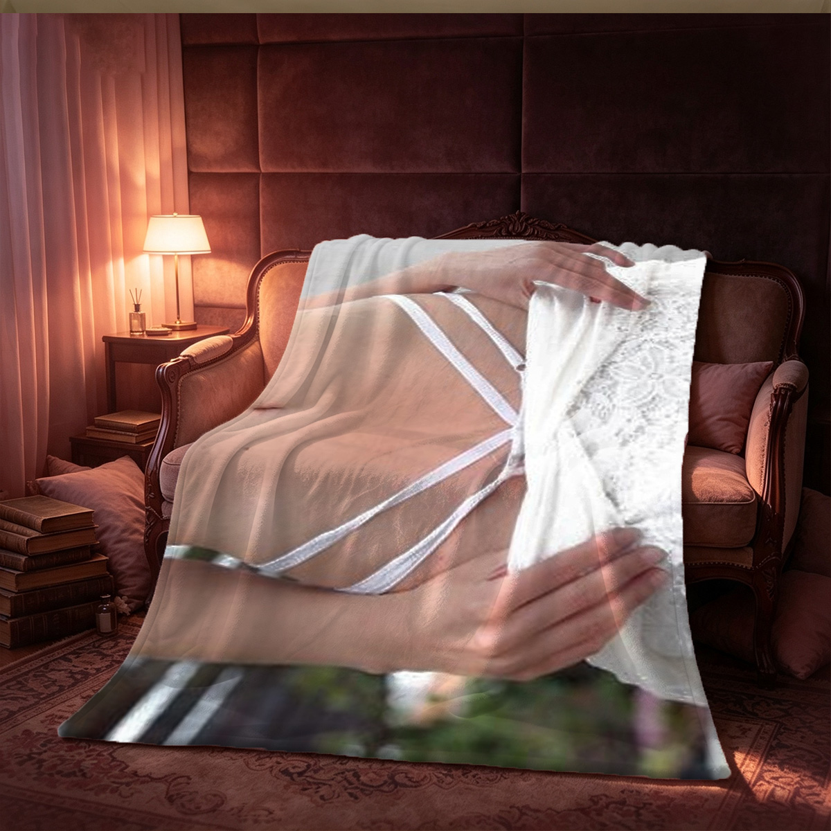 White Lingerie and Fishnet Sleeves - Chinese Beauty in Hotel Room - Blanket