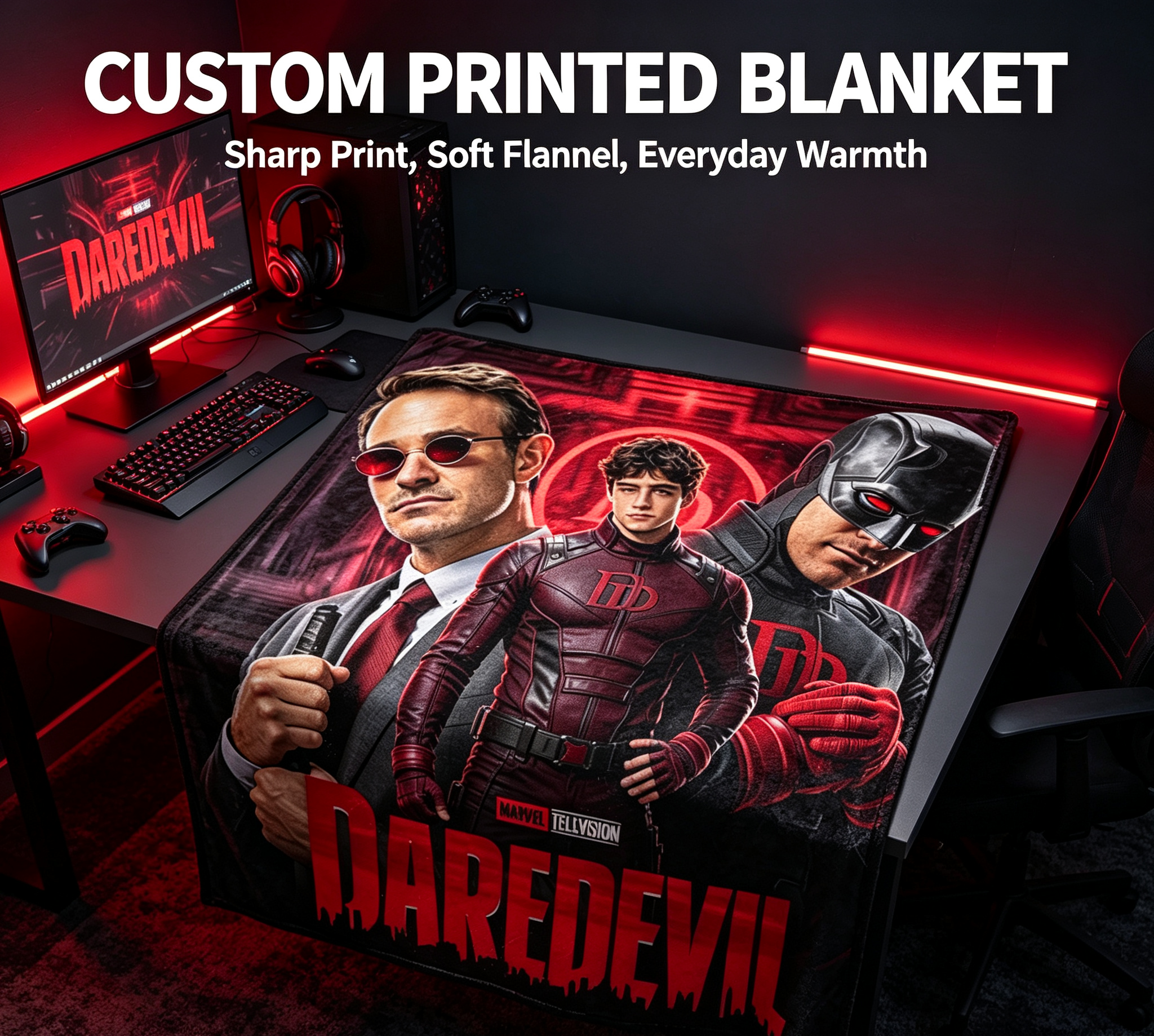 Custom Face Blanket Daredevil Born Again Flannel Blanket for Fans and Collectors – Perfect Gift or Giveaway for Marvel Television Series Enthusiasts