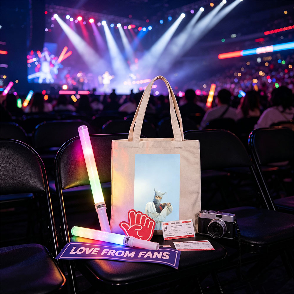 Billie Eilish in a whimsical winter scene wearing a horned knit mask and flowing white outfit against a clear blue sky - Canvas tote bags