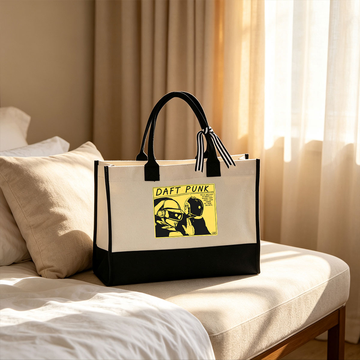 Daft Punk: The Iconic Robot Duo with Their Signature Helmets - Canvas patchwork gift tote bag
