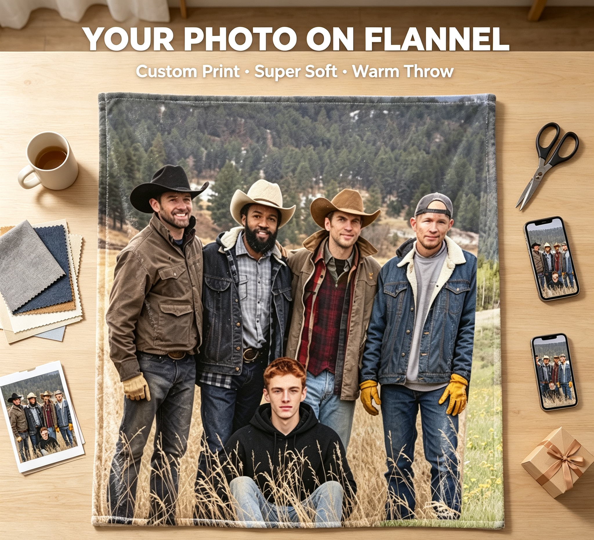 Custom Face Blanket Featuring Five Men in Cowboy Hats and Ranch Attire Standing in a Mountain Field with One Sitting in Front – Flannel Blanket for Cozy Outdoor Adventures, Perfect Gift or Giveaway for Western Enthusiasts