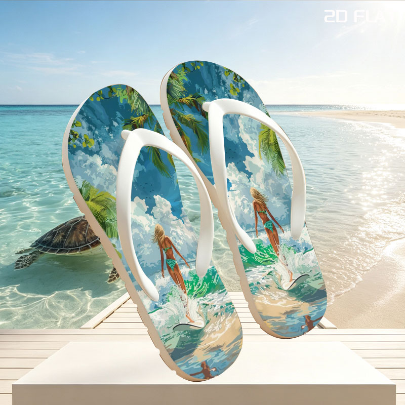 Woman surfing on tropical beach with palm trees and blue sky -  flip-flops
