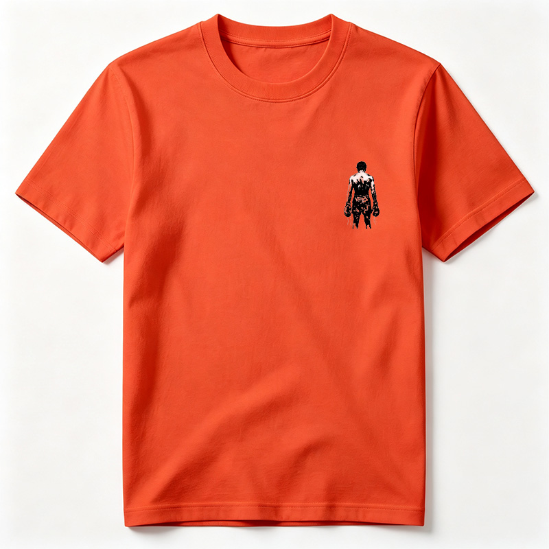 Silhouette of a muscular figure with abstract white patterns on the back, wearing gloves and pants, set against a black background. - Tee