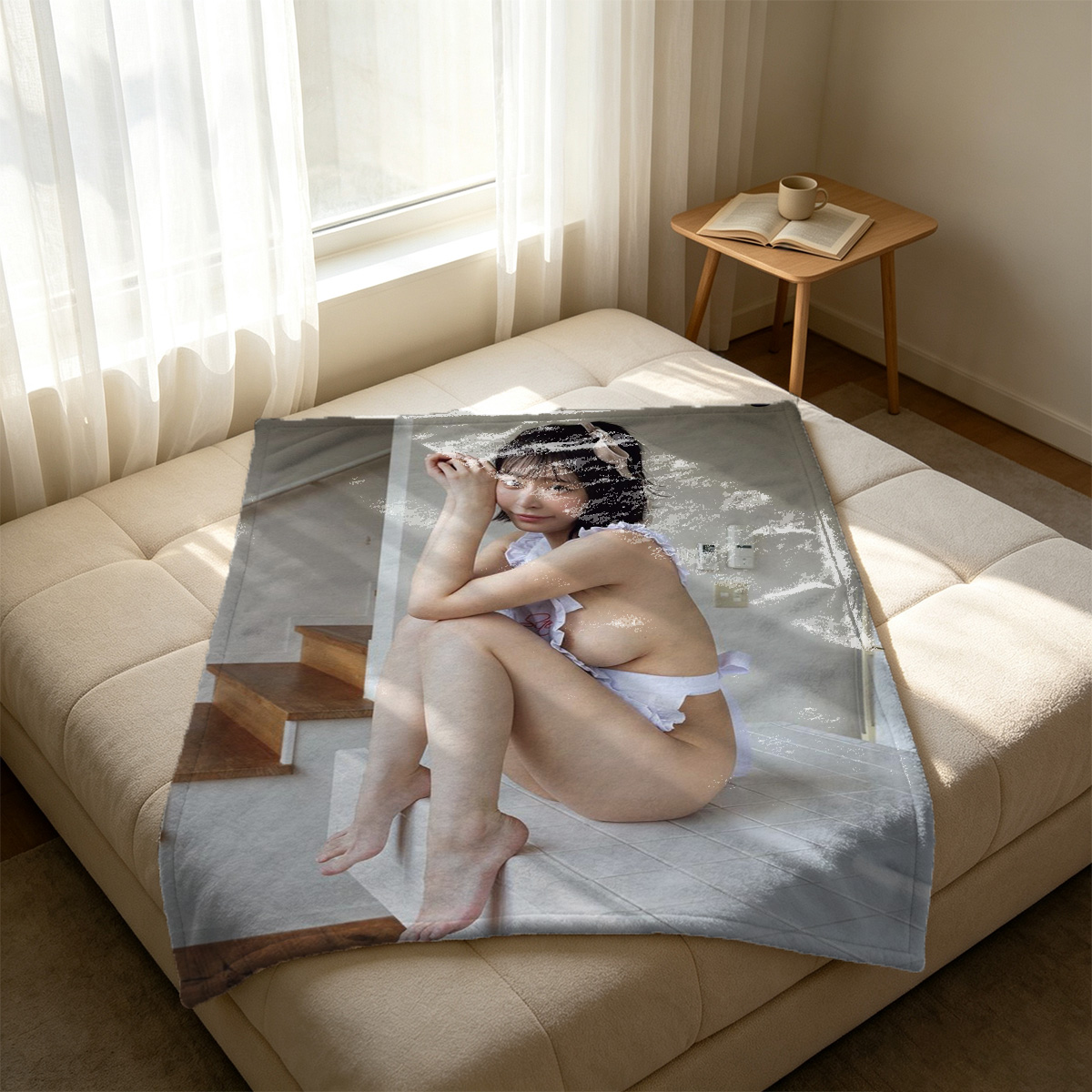 Pearl Necklace on Legs - Upskirt Tease on Orange Couch - Blanket