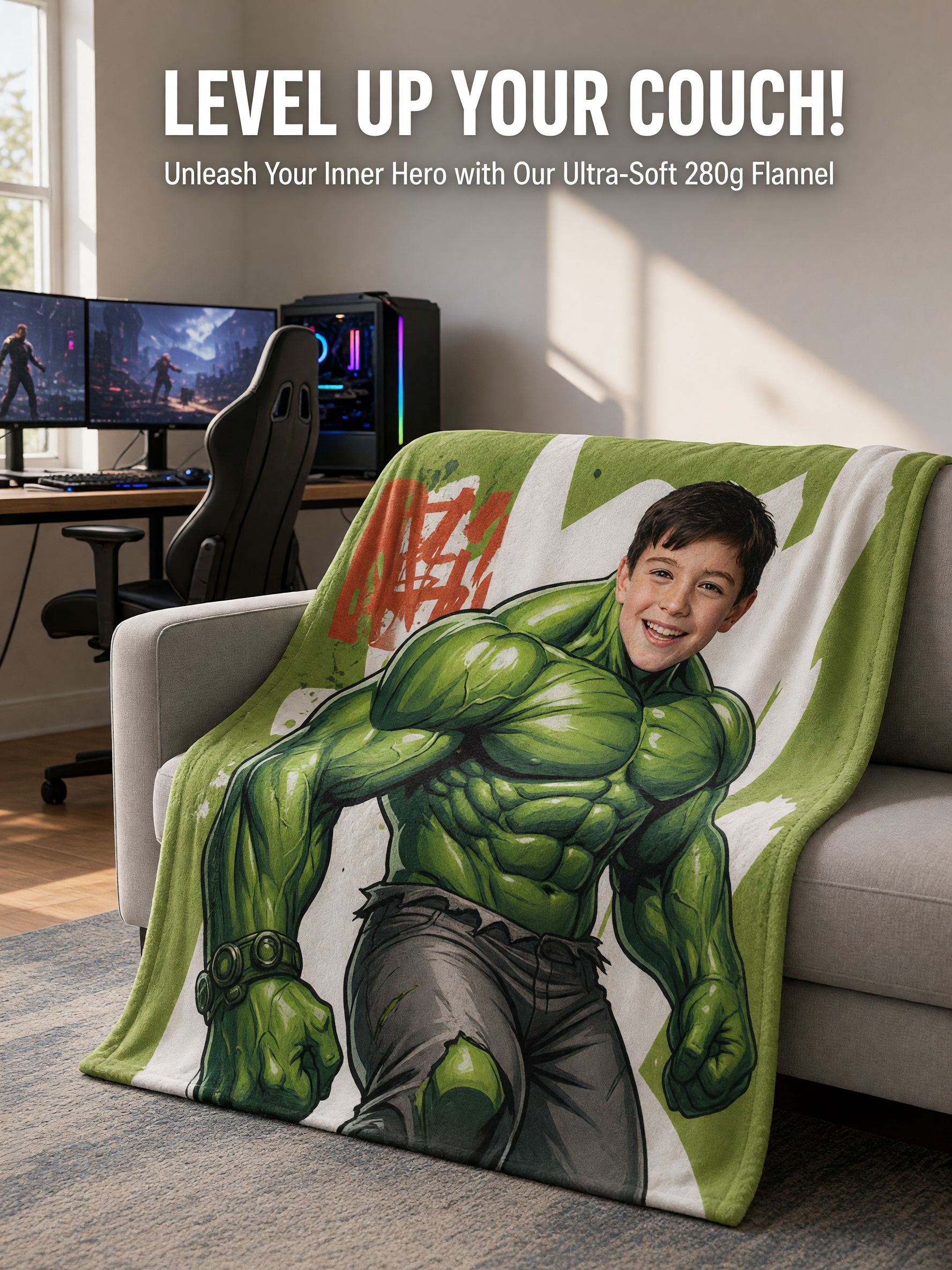 Custom Face Superhero Flannel Fleece Blanket, Personalized Photo Throw for Kids and Adults, Ideal Soft Bed Couch Gift