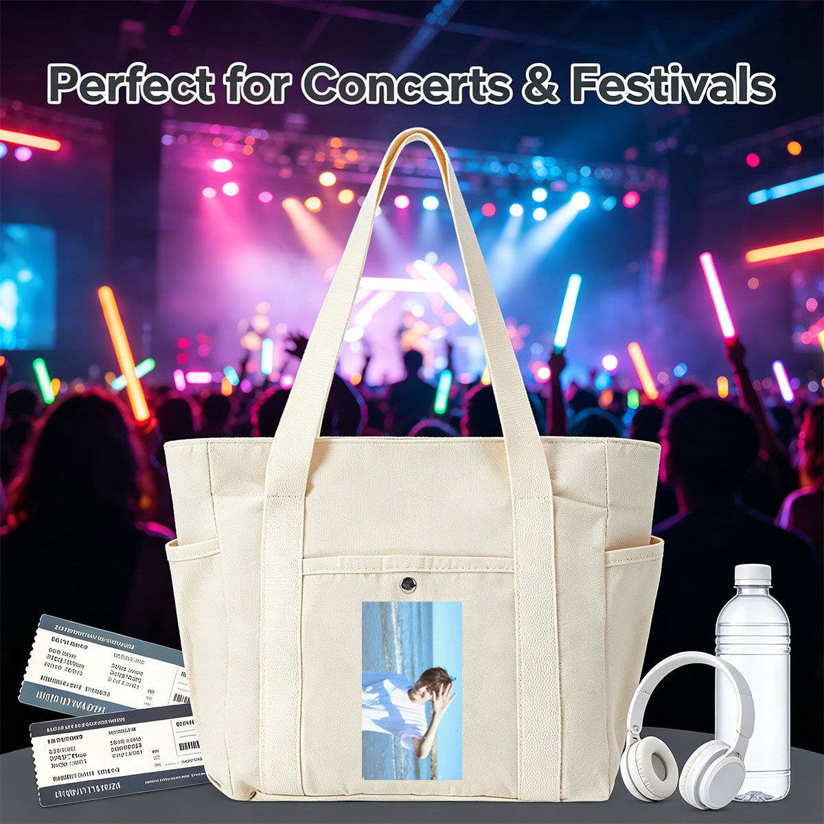 BTS Jungkook Beach Scene Smiling and Waving in White T-Shirt - Multi-pocket bags