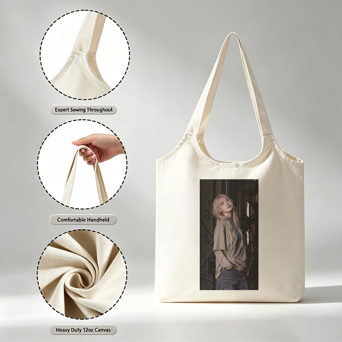 IVE Yujin in a Moody Urban Scene Wearing a Beige Oversized Sweater and Jeans - Canvas shoulder bags/