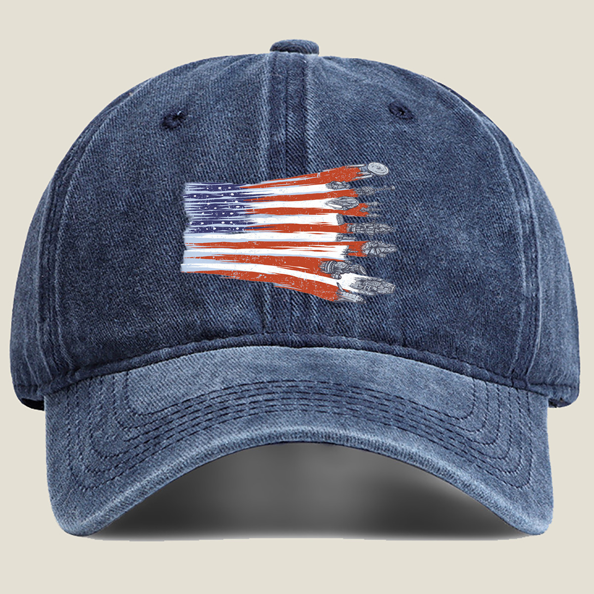 Star Trek and Star Wars Ships in American Flag Design - Washed Denim - Baseball Cap