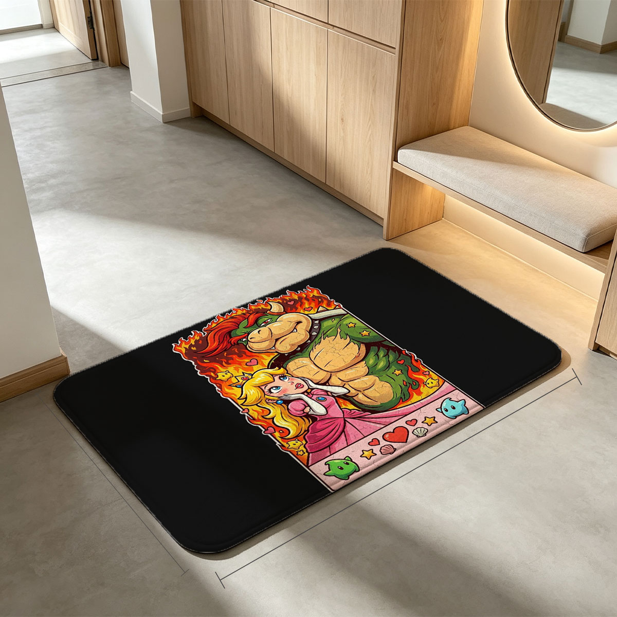 Bowser and Princess Peach in a fiery romantic scene, surrounded by hearts, stars, and mushrooms. - Flannel floor mat