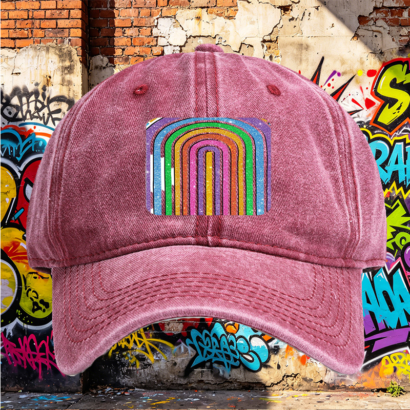 Unisex Classic Washed Baseball Cap with Glitter Rainbow Arc Print - Stylish Sun Protection Hat for Outdoor Activities, Perfect for Fashion-Lovers and Casual Wearers