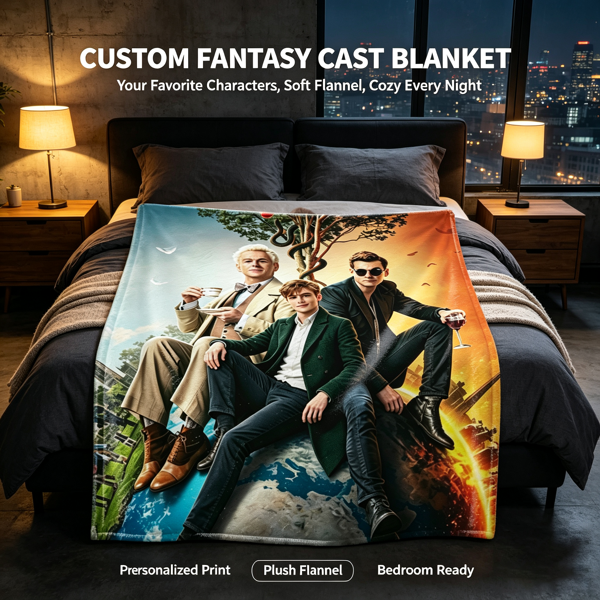 Custom Face Blanket Good Omens Flannel Blanket Featuring Aziraphale and Crowley Perfect for Fans of the TV Series Ideal Gift for Book and Show Lovers Cozy Throw for Couch or Bed Giveaway Item