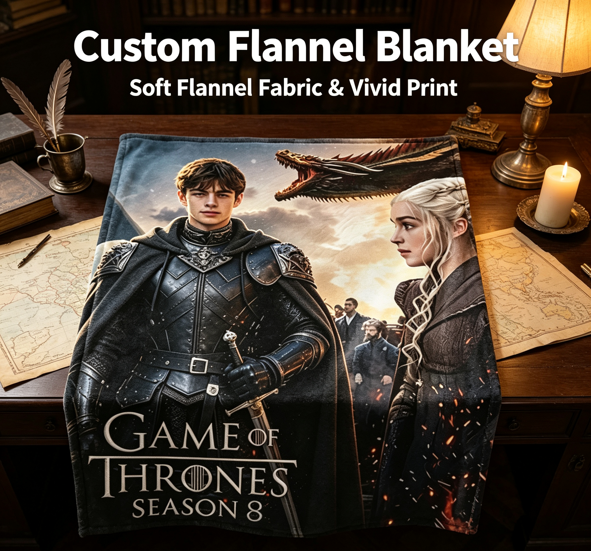 Custom Face Blanket Game of Thrones Season 8 Flannel Blanket for Couch, Bed, or Travel – Perfect Gift or Giveaway for Fans