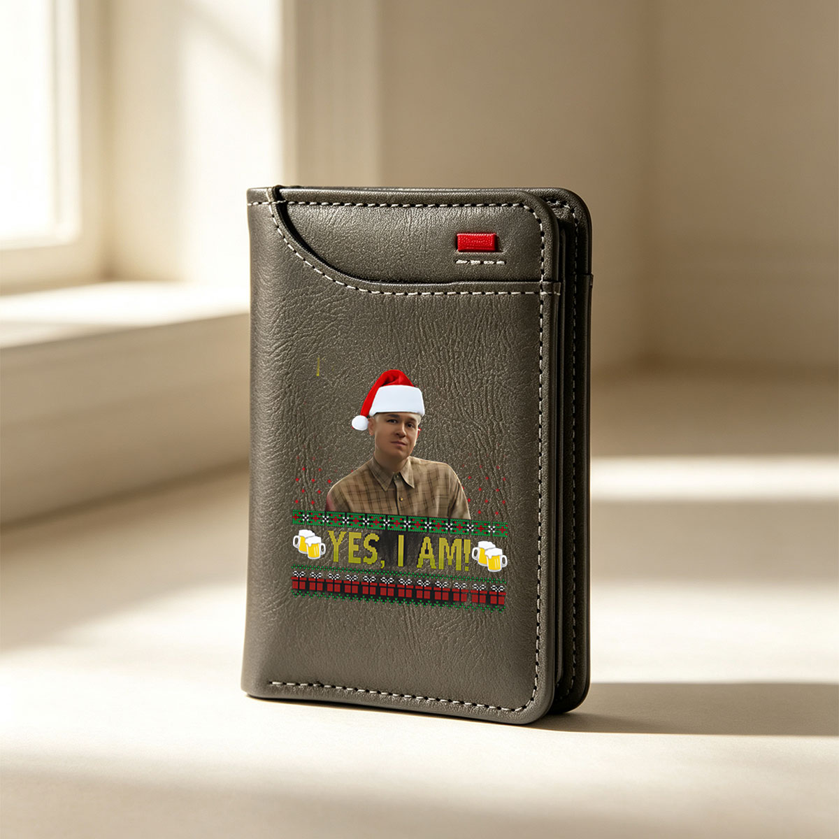 Yes, I Am! - Santa Hat Man in Plaid Shirt with Festive Beer Mugs and Christmas Pattern Background - Vertical Style Wallet