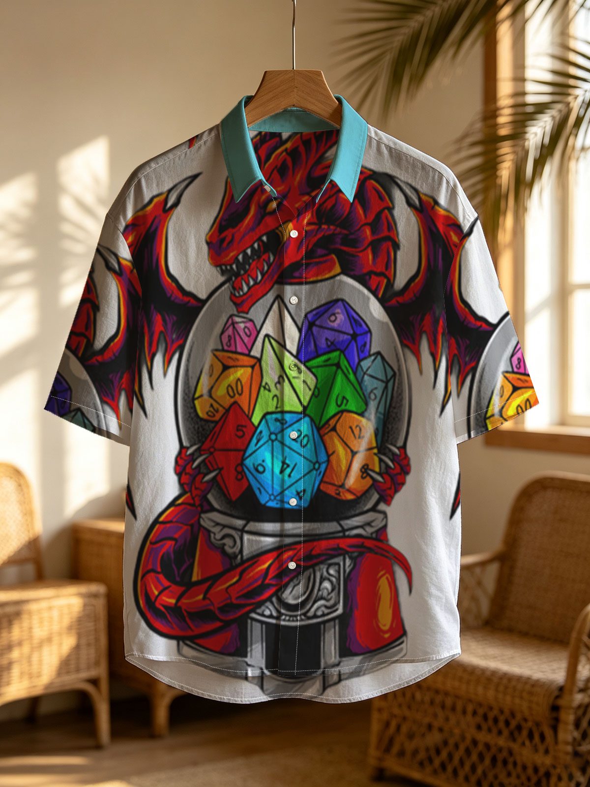 Red Dragon Guarding a Crystal Ball with Colorful Dice -  Shirt