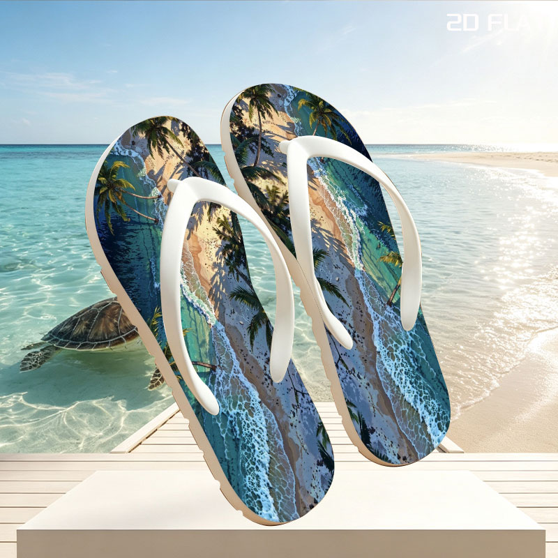 Tropical Beach with Palm Trees and Crystal Clear Waves -  flip-flops