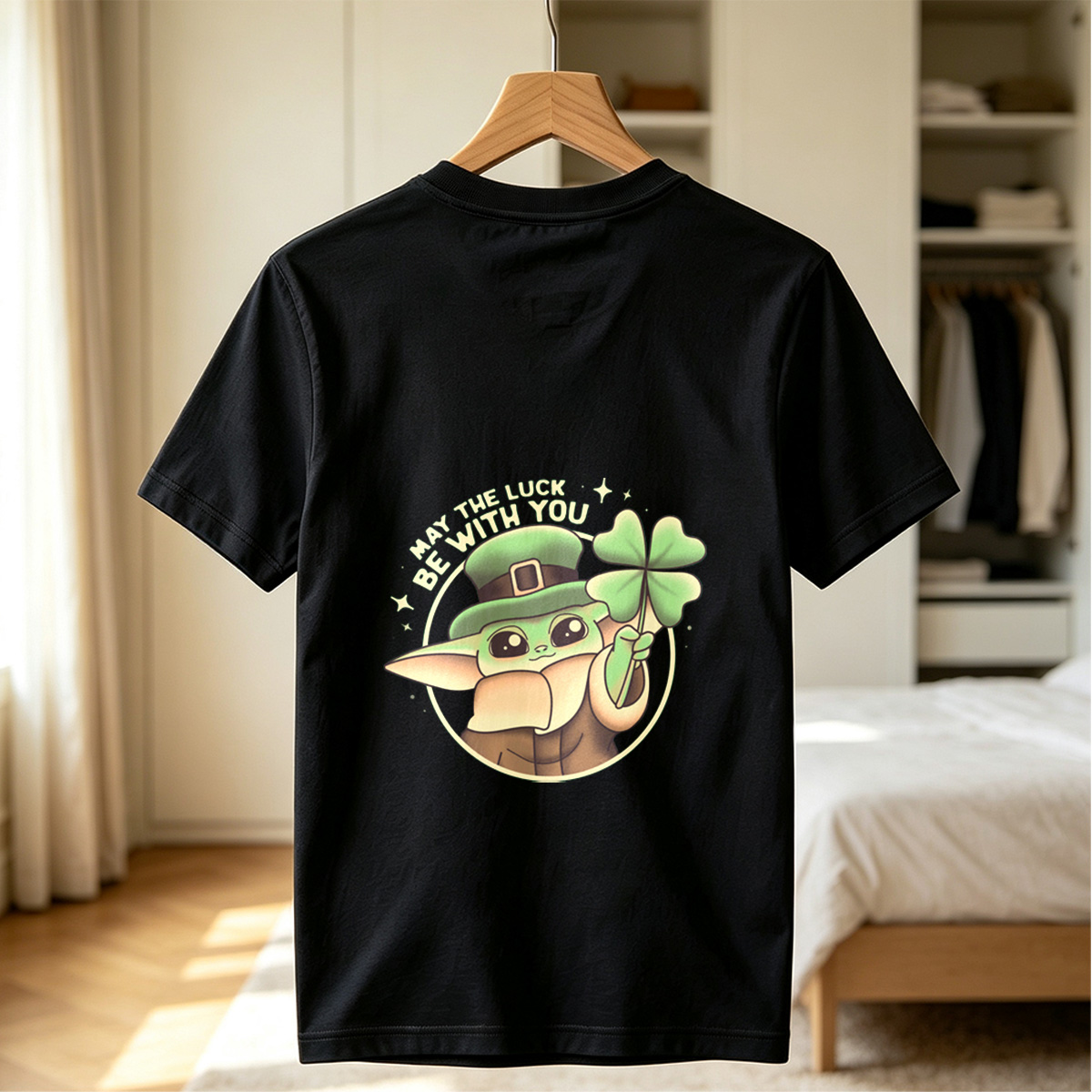 Baby Yoda Wearing Leprechaun Hat Holding Four Leaf Clover with 