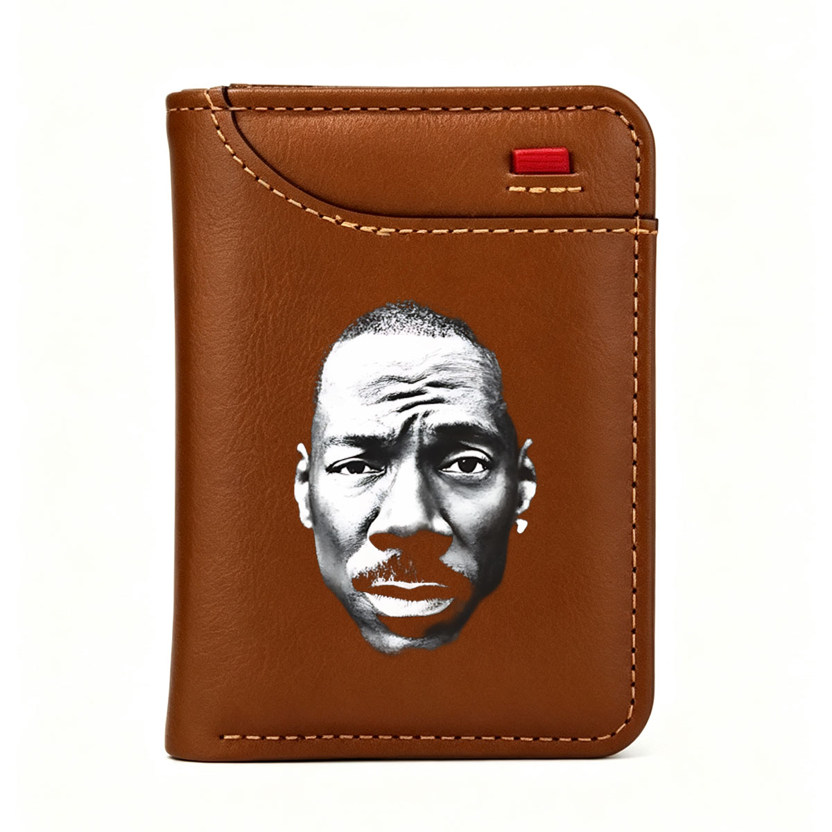 Eddie Murphy in a striking black and white portrait, showcasing his expressive features and iconic mustache. - Vertical Style Wallet