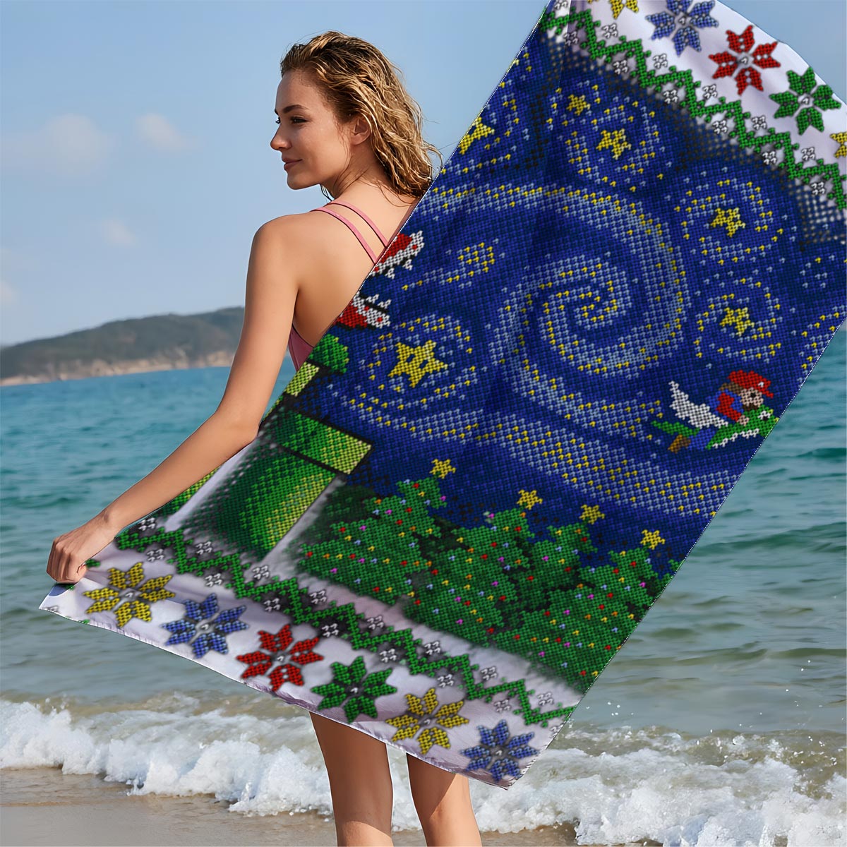 Mario and Yoshi in Starry Night with Bowser and Pipe Scene - Beach towels