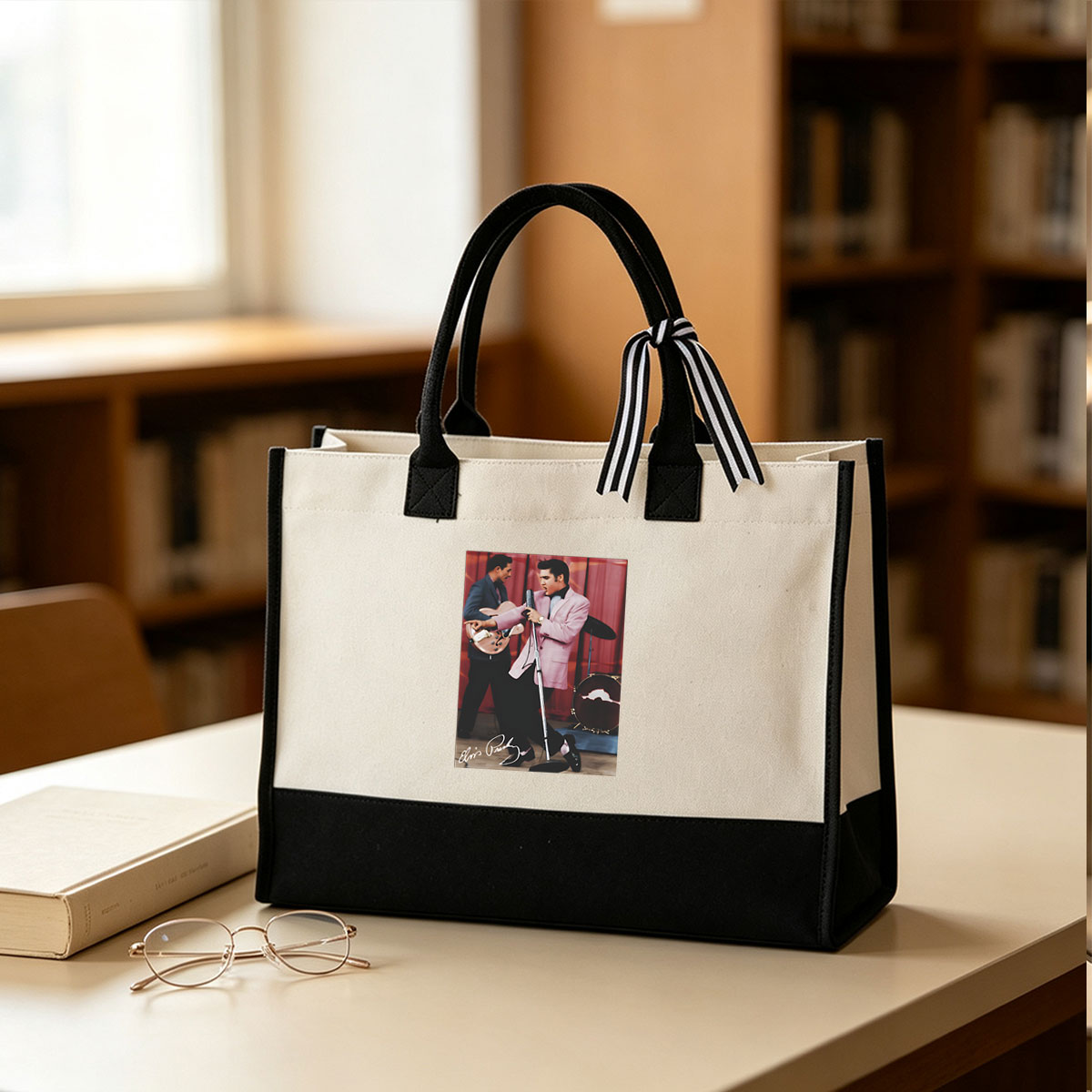 Elvis Presley Performing on Stage with Guitarist and Drummer - Canvas patchwork gift tote bag