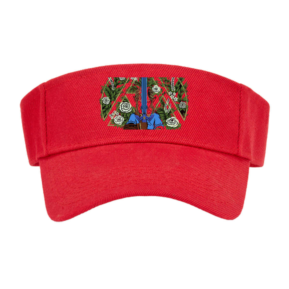 Link from The Legend of Zelda holding Master Sword, surrounded by floral wreath and geometric design -  Visor cap