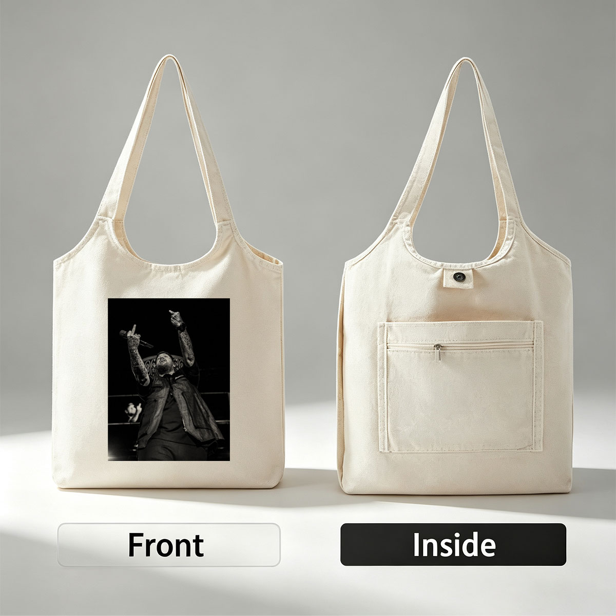 Luke Combs Performing on Stage with Tattooed Arms Raised in Black and White Photo - Canvas shoulder bags/