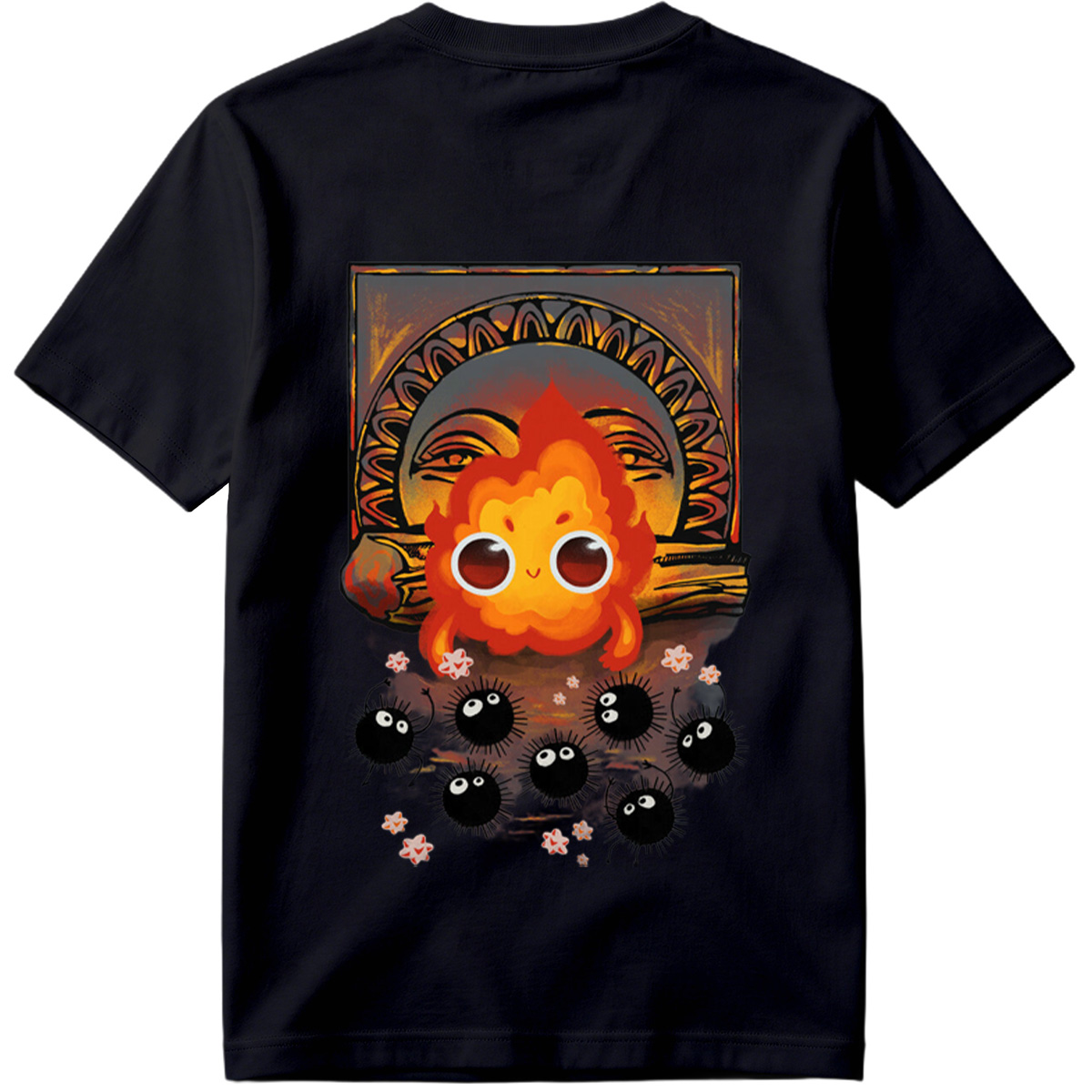 Cute Flame Character with Black Spiky Creatures and Ancient Mask Background - Tee
