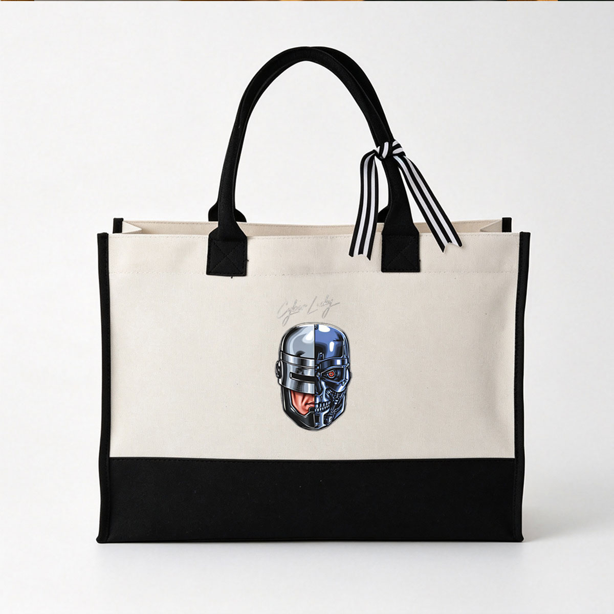 Cyborg Lucky: Half Human, Half Machine Warrior - Canvas patchwork gift tote bag