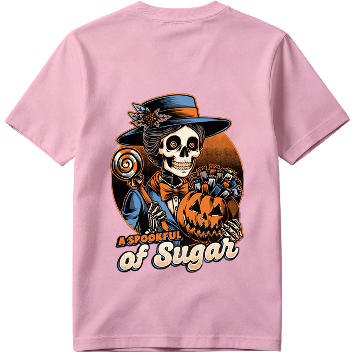 A Spookful of Sugar: Skeleton Lady with Pumpkin and Candy - Tee