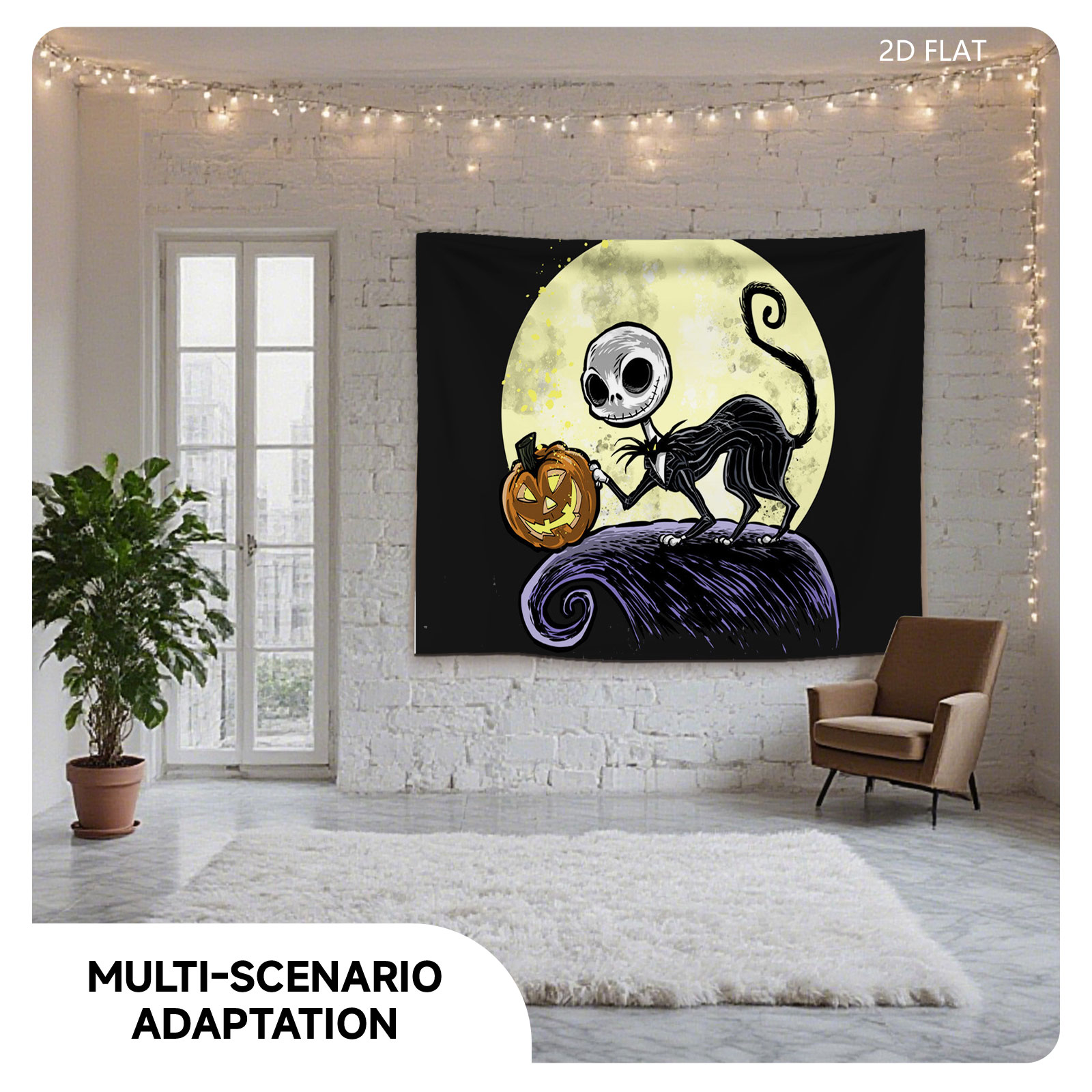 Jack Skellington from The Nightmare Before Christmas holding a pumpkin against a full moon - Tapestry