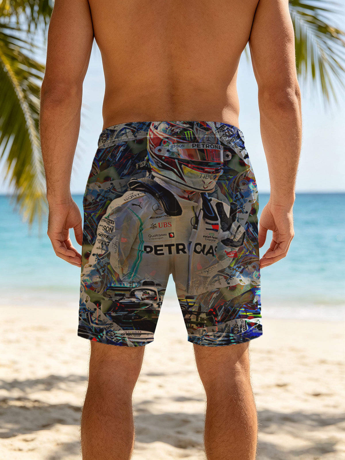 Lewis Hamilton in Mercedes F1 Racing Suit and Helmet, Petronas Sponsorship, Artistic Collage Style -  Beach shorts
