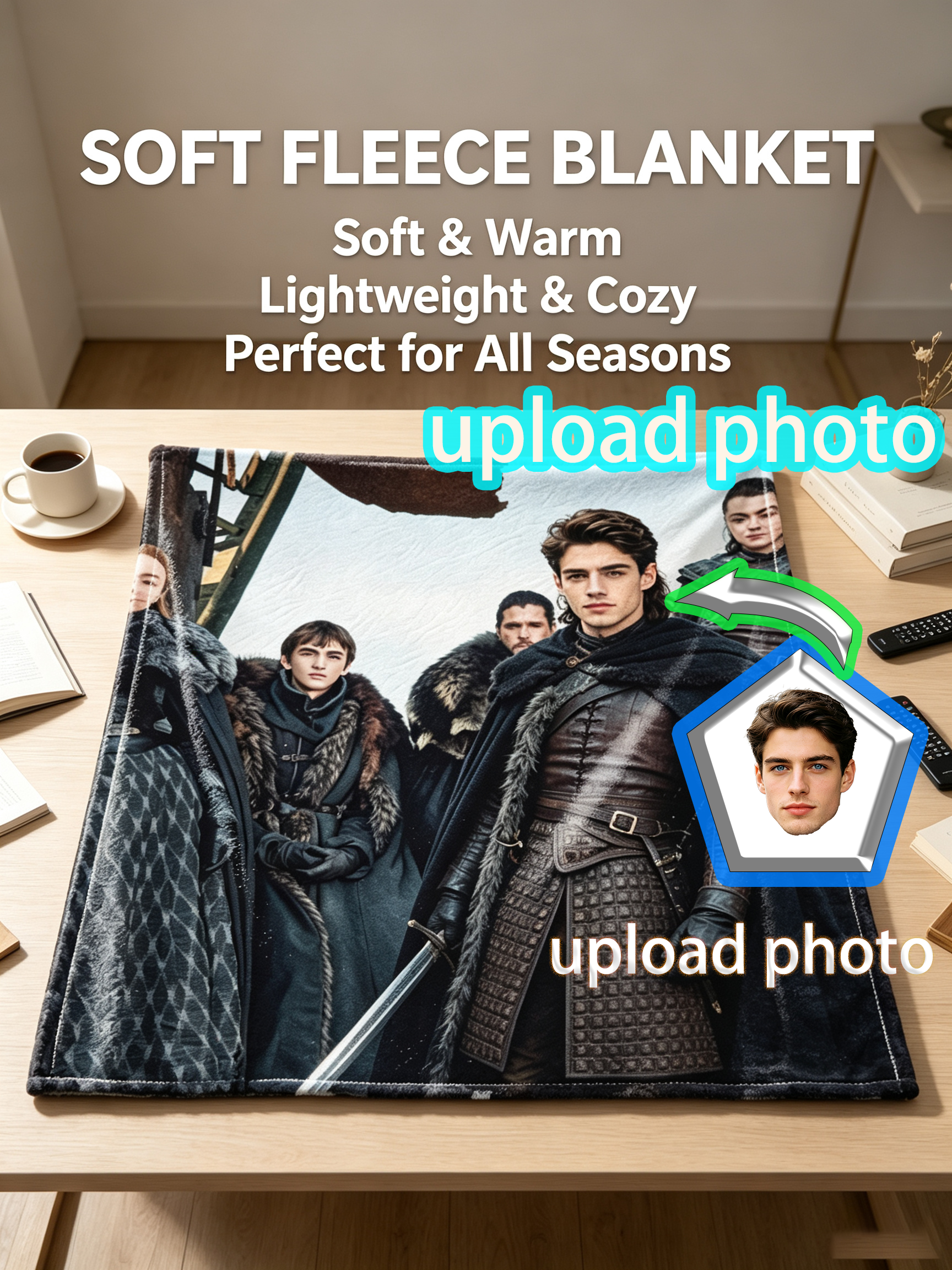 Custom Face Blanket Game of Thrones Inspired Flannel Blanket for Couch, Bed, or Travel – Perfect Gift for Fans and Collectors