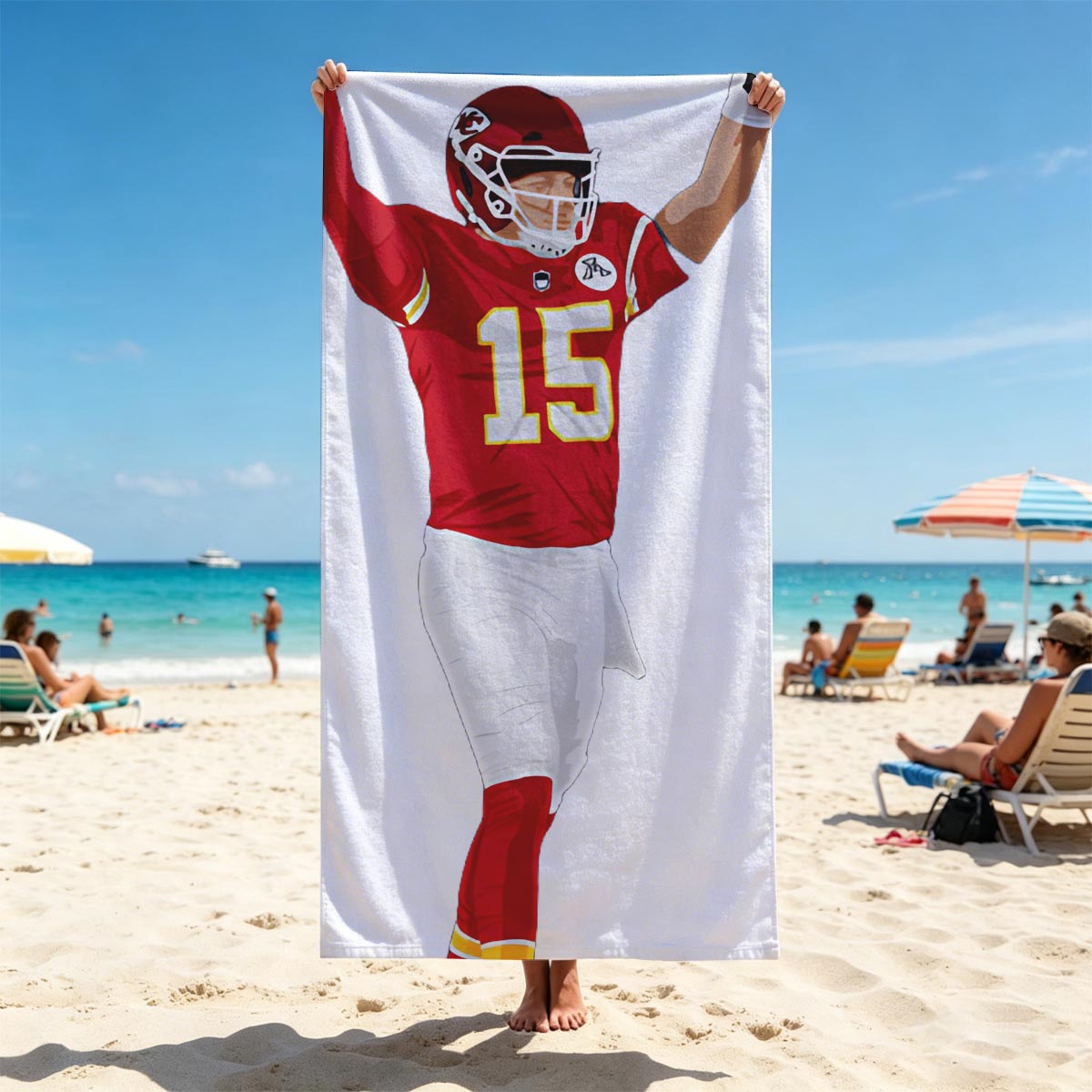 Patrick Mahomes Celebrates in Chiefs Uniform - Beach towels