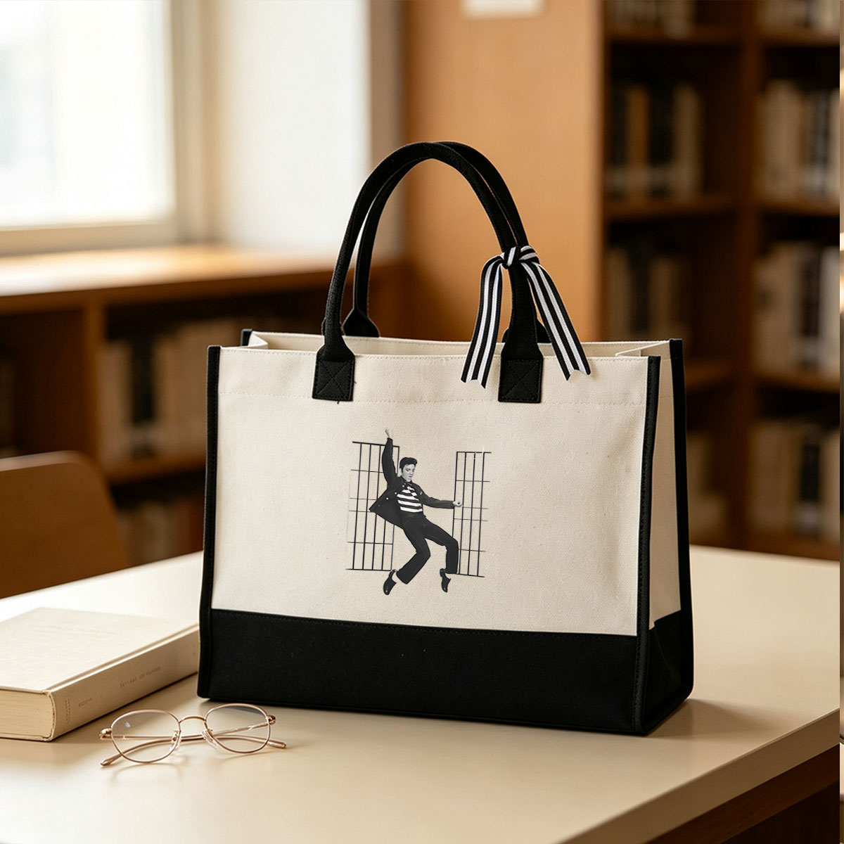 Elvis Presley in Jailhouse Rock Pose with Bars Background - Canvas patchwork gift tote bag